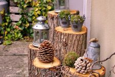 09 outdoor decor with tree stumps and large pinecones, candle lanterns and buckets with moss and berries is a cool and cozy idea