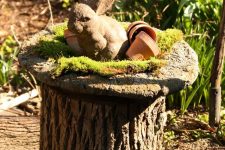 12 a lovely rustic decoration of a tree stump with a wood slice, moss, a bunny figure and some terracotta planters is cute and easy to repeat
