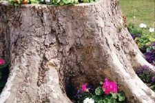 23 a large tree stump with greenery and bright blooms is a cool planter alternative – it’s a natural way to repurpose an old stump you don’t need
