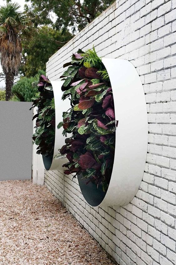 a white brick wall and white round metal planters with lots of greenery and foliage that are a spectacular modern decoration for your space a white brick wall and white round metal planters with lots of greenery and foliage that are a spectacular modern decoration for your space