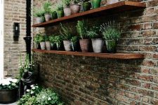 33 simple wooden shelves with rows of planters with blooms and herbs are the easiest and most evident solution for any space