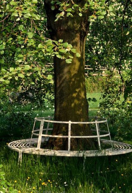 a simple and stylish white metal bench around the tree is a cool solution for many gardens, it can be rocked in many spaces