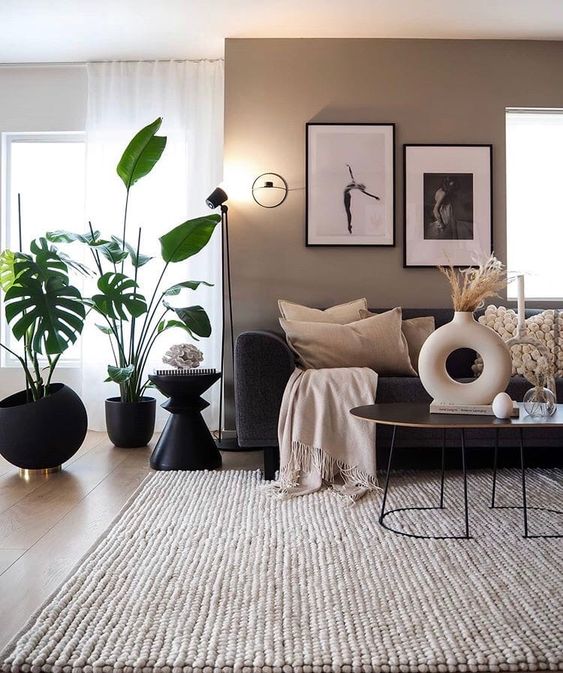 a Scandinavian living room with taupe and greige walls, black furniture, potted plants and a mini black and white gallery wall