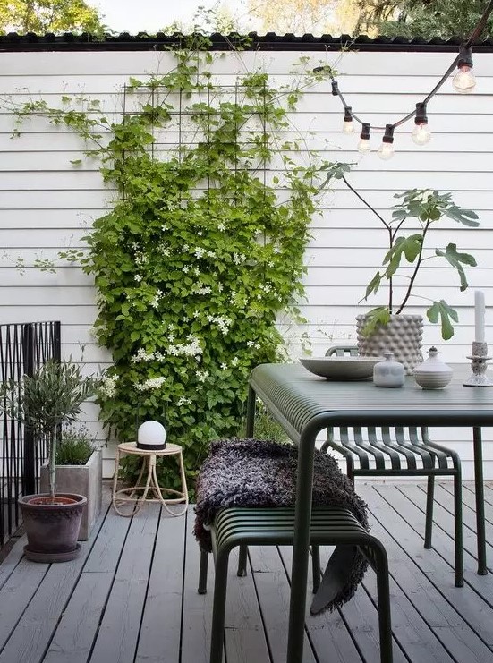 a Scandinavian terrace with dark green metal furniture, climbing greenery and blooms, potted plants and a rattan chair