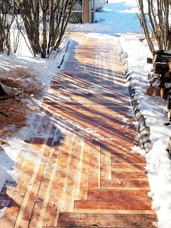 a beautiful patterned stained wood sidewalk with a reclaimed wood edge is a great idea for an outdoor space with a bit of elegance