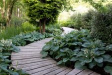 a beautiful wooden path going down and surrounded with greenery completely looks fresh and pretty in any garden