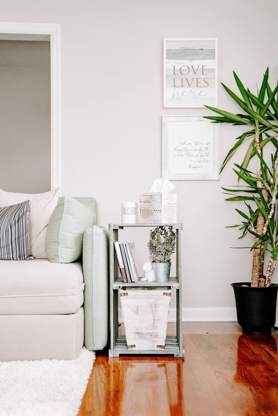 a chic neutral living room with a green and creamy sofa and pillows, a side table, a mini gallery wall and a potted plant