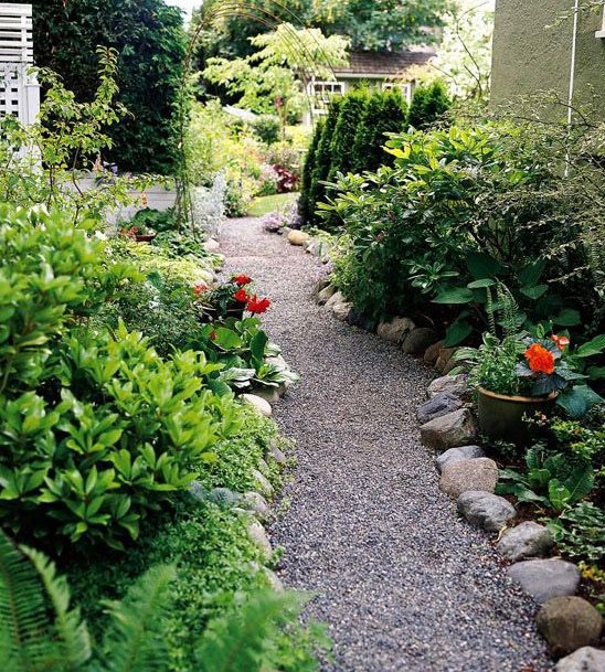 a gravel garden path lined with large rocks that help to keep the gravel in place and add a wild look