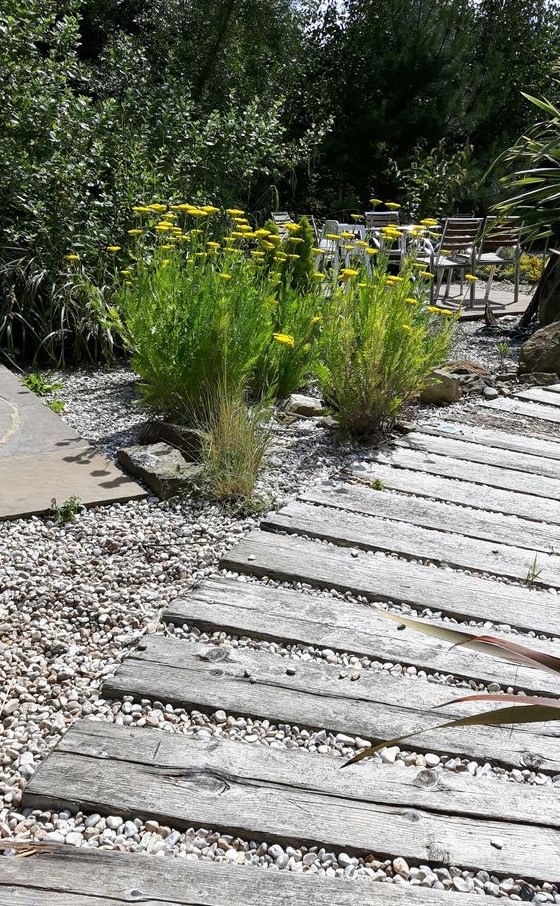 a neutral wooden garden path with matching gravel looks relaxed, casual and very cool and brings a lovely cozy feel to the garden