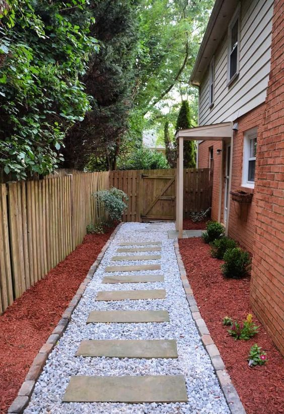 a pretty and catchy walkway with neutral pebbles, wooden steps and brick edges is a lovely idea for a rustic space a pretty and catchy walkway with neutral pebbles, wooden steps and brick edges is a lovely idea for a rustic space