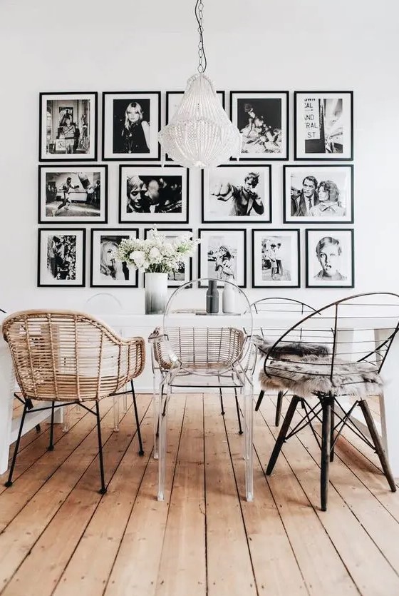 a stylish black and white free form gallery wall with a regular shape is a cool idea that looks eye-catchy