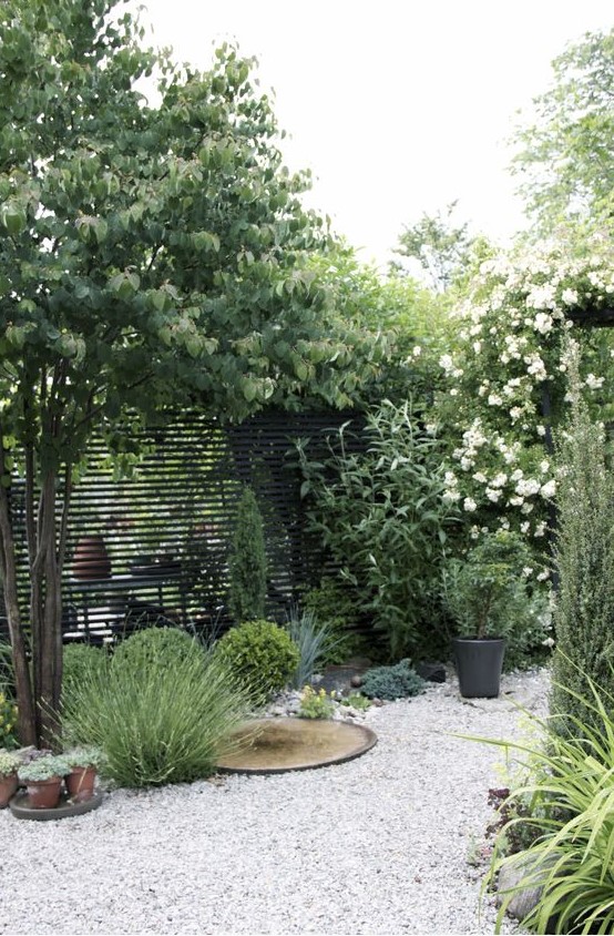 light colored gravel and potted greenery and trees make up a cool Scandinavian insppired space