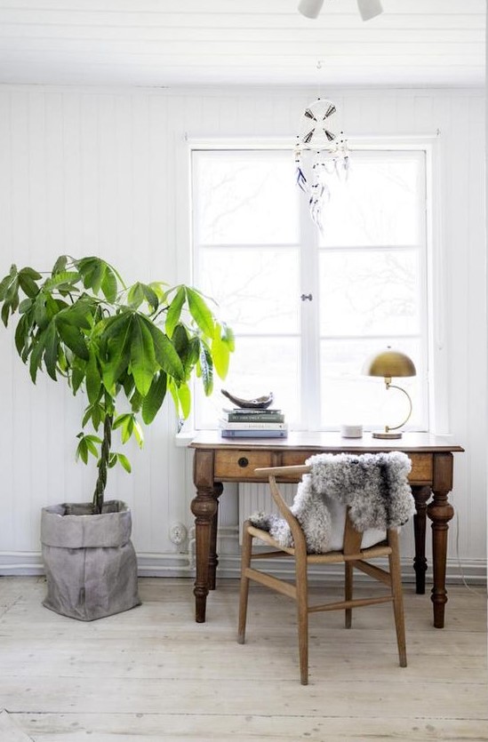 a Scandinavian home office with a stained wooden desh, a wooden chair, a potted plant and a dream catcher is al cool