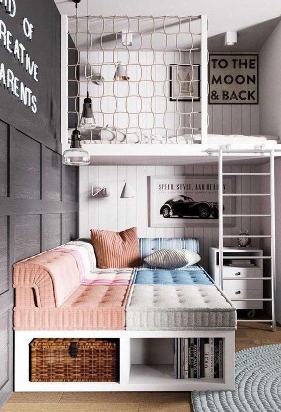 a catchy teen room with a loft bedroom, a catchy daybed with pillows, a small nightstand and a black paneled wall