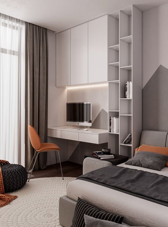a contemporary teen room with an upholstered bed, a wall-mounted desk and a cabinet over it, soem open shelves and knit and crochet touches
