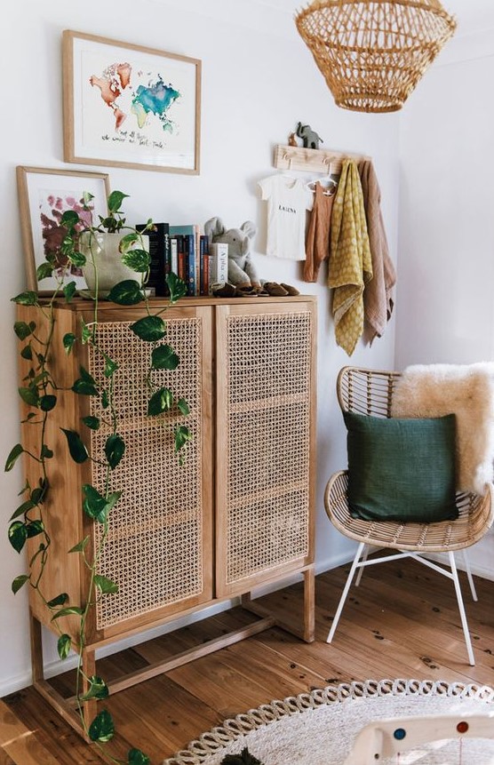 a lovely cane sideboard is a perfect solution for a modern or boho room, it looks great with a rattan chair and a pendant lamp