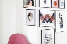 a truly interesting gallery wall with thin black frames and colorful modern prints is a catchy idea to go for