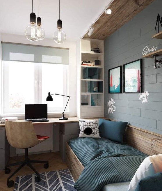 an industrial teen room with a faux brick wall, wooden touches, a bed, a built-in desk and a storage shelf plus bulbs