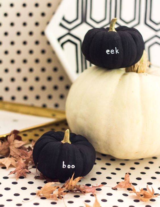 matte black mini pumpkins with white letters are amazing for stylish modern Halloween decor