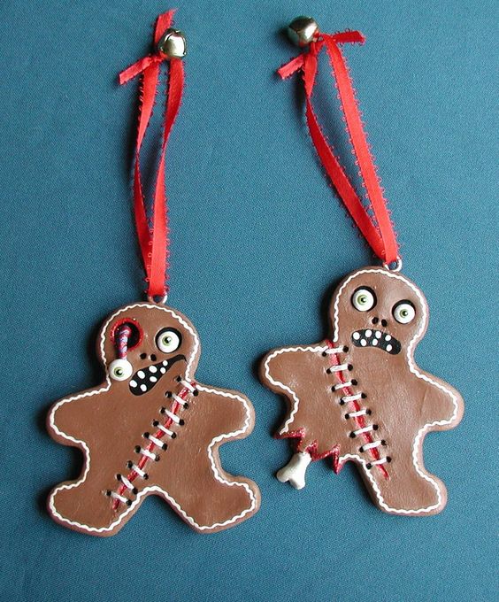 scary gingerbread style Halloween ornaments of faux leather, with stitching and eyes are jaw-dropping