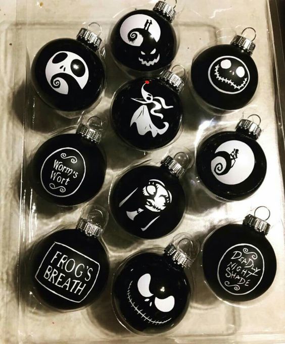 a set of elegant and cool black and white Halloween ornaments inspired by Tim Burton films are adorable and cool