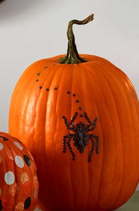a natural orange pumpkin decorated with black sequins showing a spider is a beautiful and very cool idea that you can realize last minute