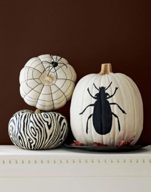 white pumpkins decorated with a black sharpie - a spiderweb, a zebra print and a large bug- are a great idea for Halloween