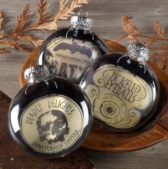 vintage-inspired black and white Halloween ornaments with vintage prints are amazing for Halloween tree styling