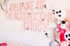 29 gorgeous pink Halloween styling with lots of balloons – pink, silver and scary ghost ones, pink balloon letters and a silver moon