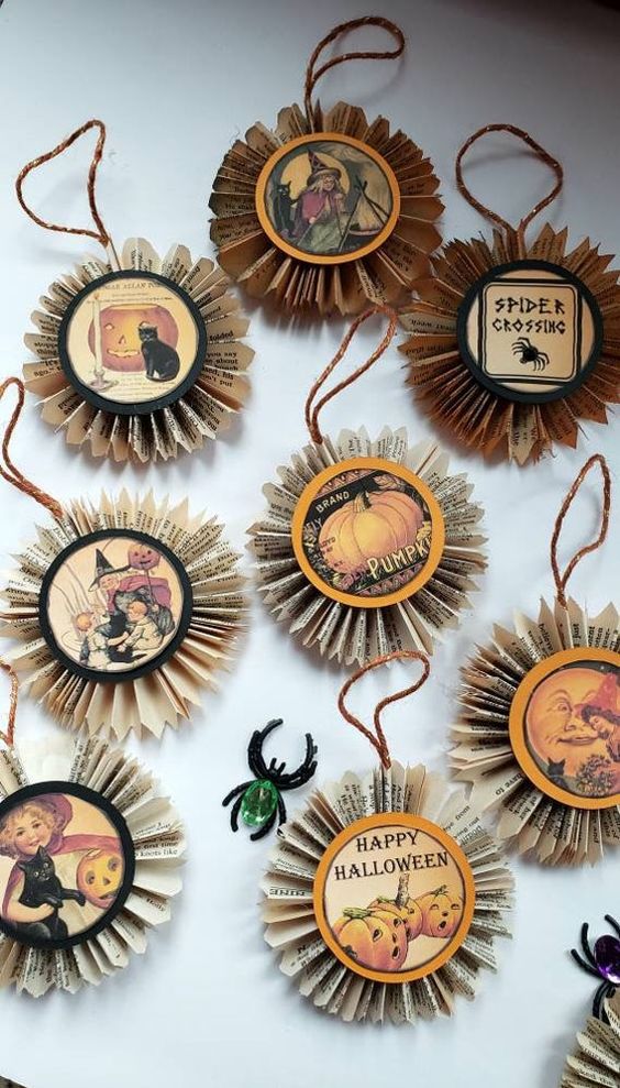 vintage Halloween ornaments of vintage newspapers and images are a cool and chic idea for decor, you can DIY some