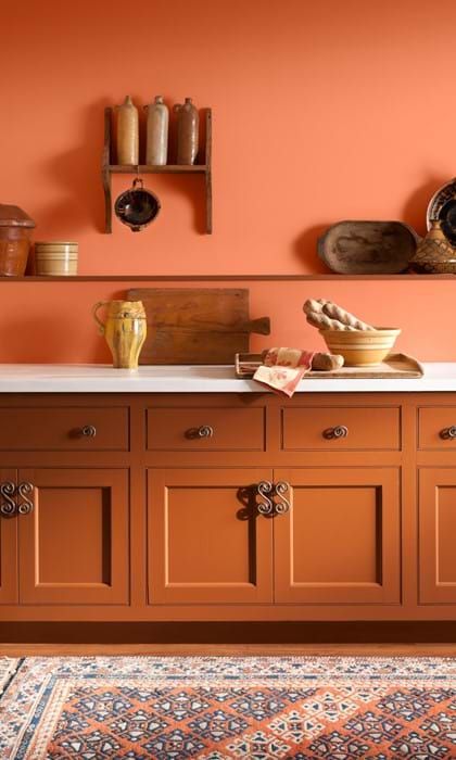 a bold orange kitchen with burnt orange shaker style cabinets, a long shelf instead of upper cabinets, wood touches