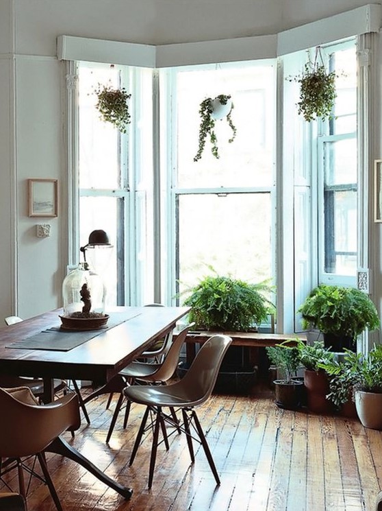 a dining room with vintage furniture and a bay window that features a bench and lots of potted plants