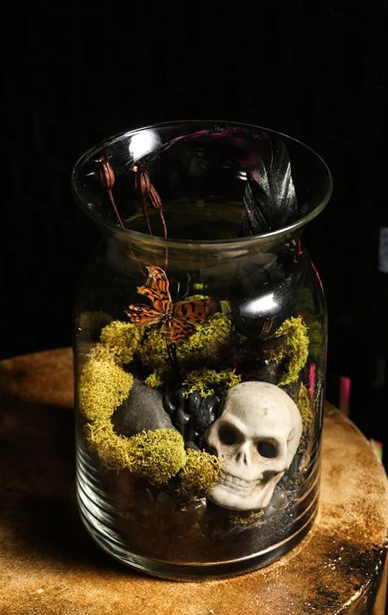 a Halloween terrarium with moss, pebbles, butterflies, dried blooms and a small skull is a bold and cool idea for Halloween decor