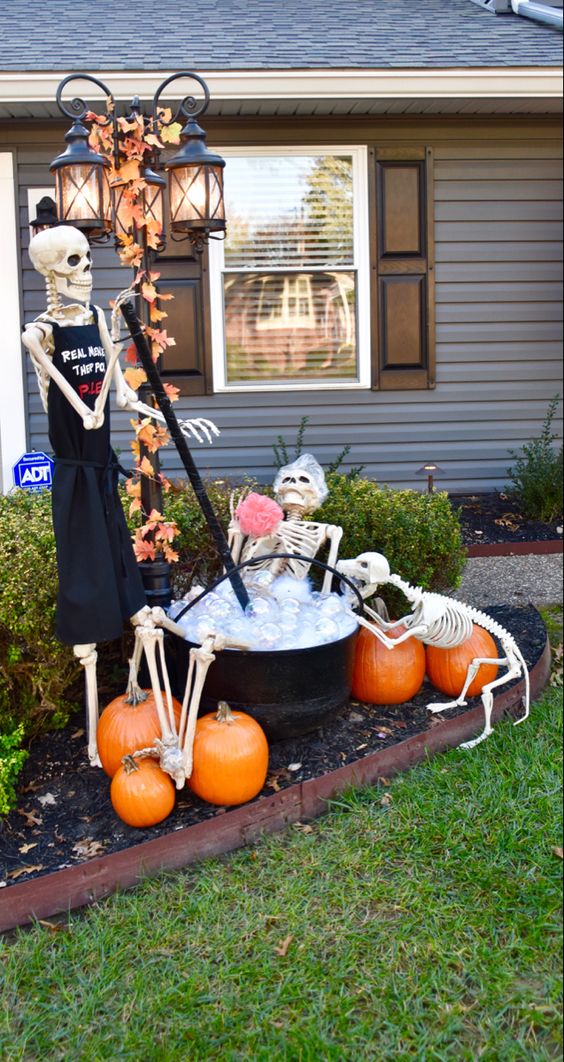 a fun and cool Halloween scene with a bathing skeleton, a skeleton in an apron and a dog skeleton is all fun