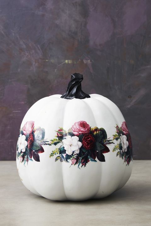 a white decopuage pumpkin with gorgeous florals is an amazing idea for fall, Halloween or Thanksgiving decor