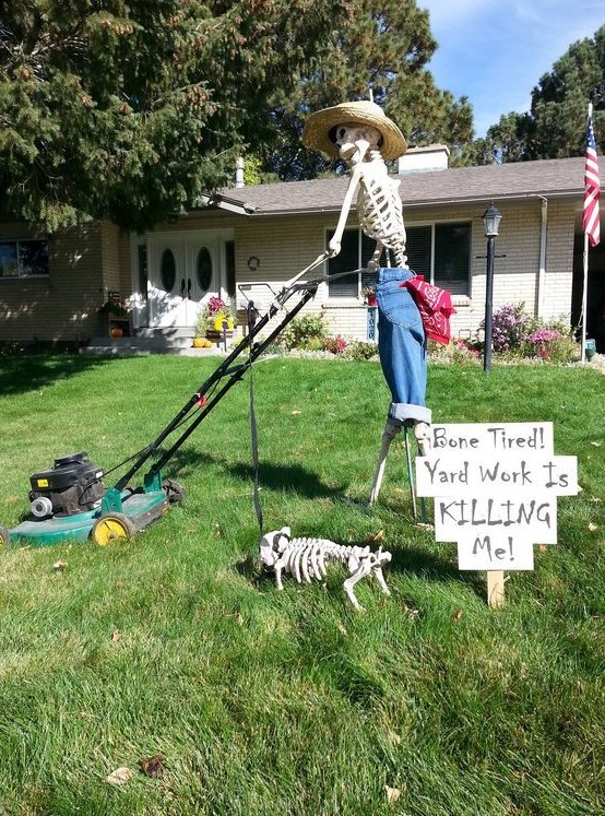 a Halloween outdoor space with a skeleton on the grass plus a skeleton dog is a cool and fun idea for this holiday