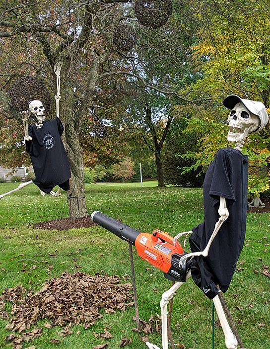 a hilarious skeleton scene for cleaning up the space is a cool and creative idea for Halloween