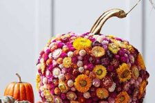 38 a pumpkin fully covered with bright dried blooms is a beautiful and chic solution for a fall or Thanksigiving party