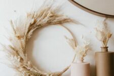 11 a pretty Thanksgiving wreath of an embroidery hoop, wheat and pampas grass, dried pieces plus matching arrangements