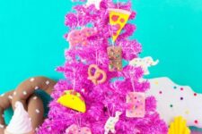 12 a hot pink Christmas tree decorated with junk food clay ornaments is a very bold color statement that inspired and strikes