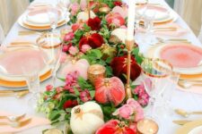21 a bright and elegant Thanksgiving tablescape with white, blush, coral and burgundy velvet pumpkins, gold chargers and pink plates