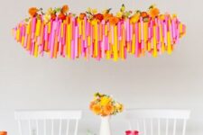 42 a super bright Thanksgiving tablescape with bold placemats, colorful glasses and blooms, a bold overhead installation with blooms