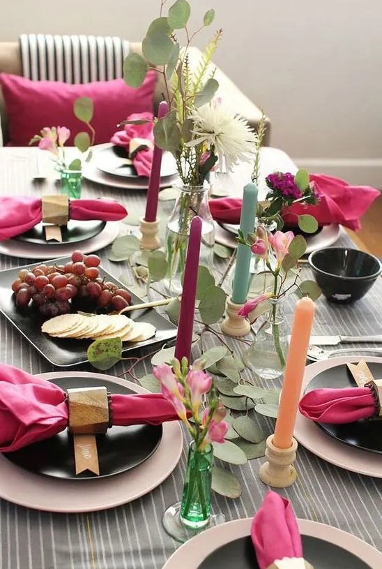 a tablescape with lots of pinks, greens, metallics, and natural textures for a bright and beautiful celebration