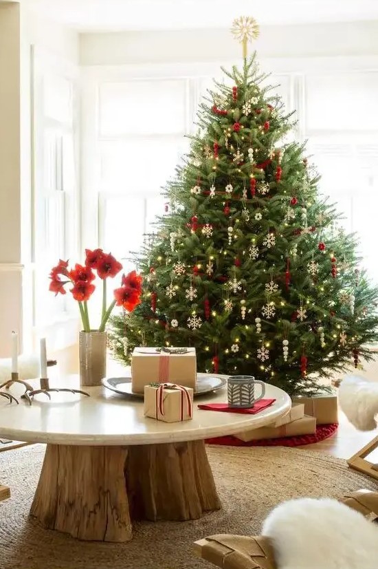 a traditional Scandi Christmas tree with gorgeous white snowflakes and red ornaments plus lights