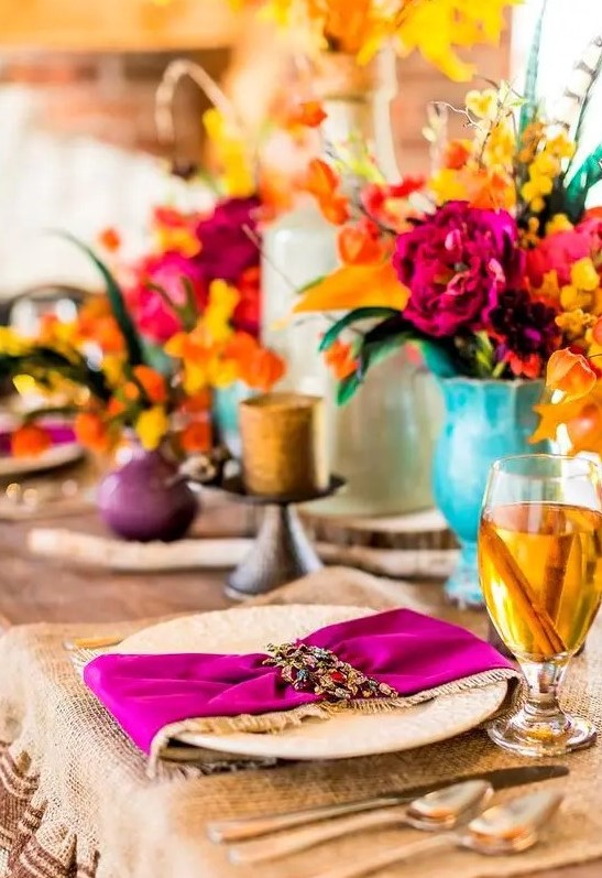 set a tablescape with orange, mustard, hot pink and purple hues to remember this Thanksgiving