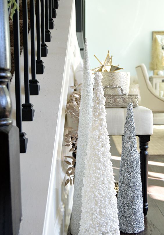 Christmas cone trees covered with sequins and beads are a glam and fun decoration for winter holidays