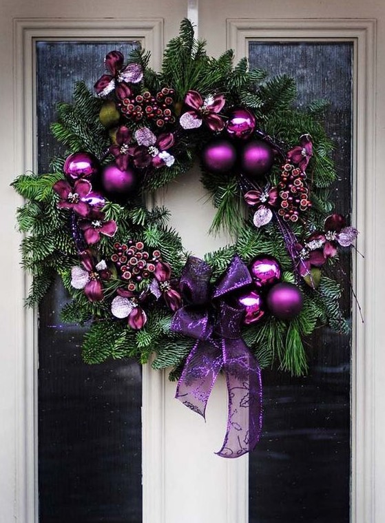 Wreath Of Small Red, Pink And Purple Christmas Tree Balls On