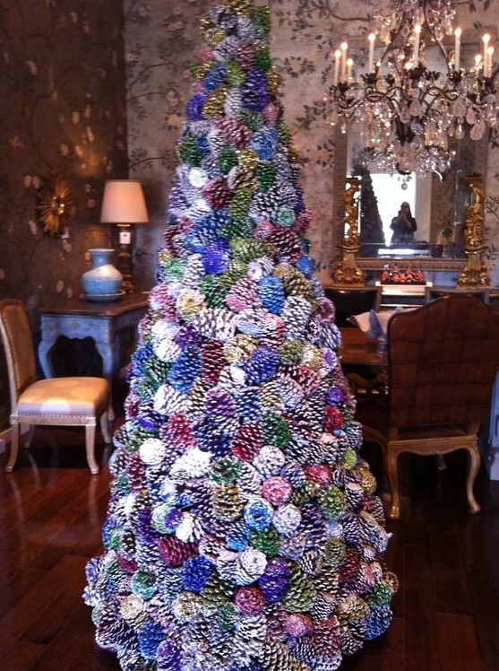 a large Christmas pinecone tree with each piece painted in a different color will make a statement for sure
