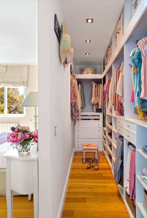 a narrow closet with open storage compartments, drawers, railings and lights, a har organizer hanging on the wall