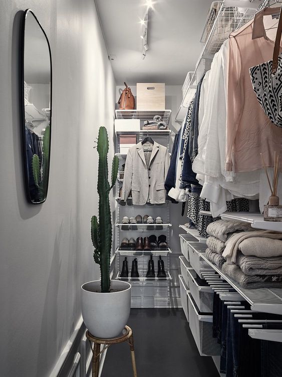 a narrow walk in closet with white airy shelves and baskets for storage, railing and drawers, a mirror and a potted cactus